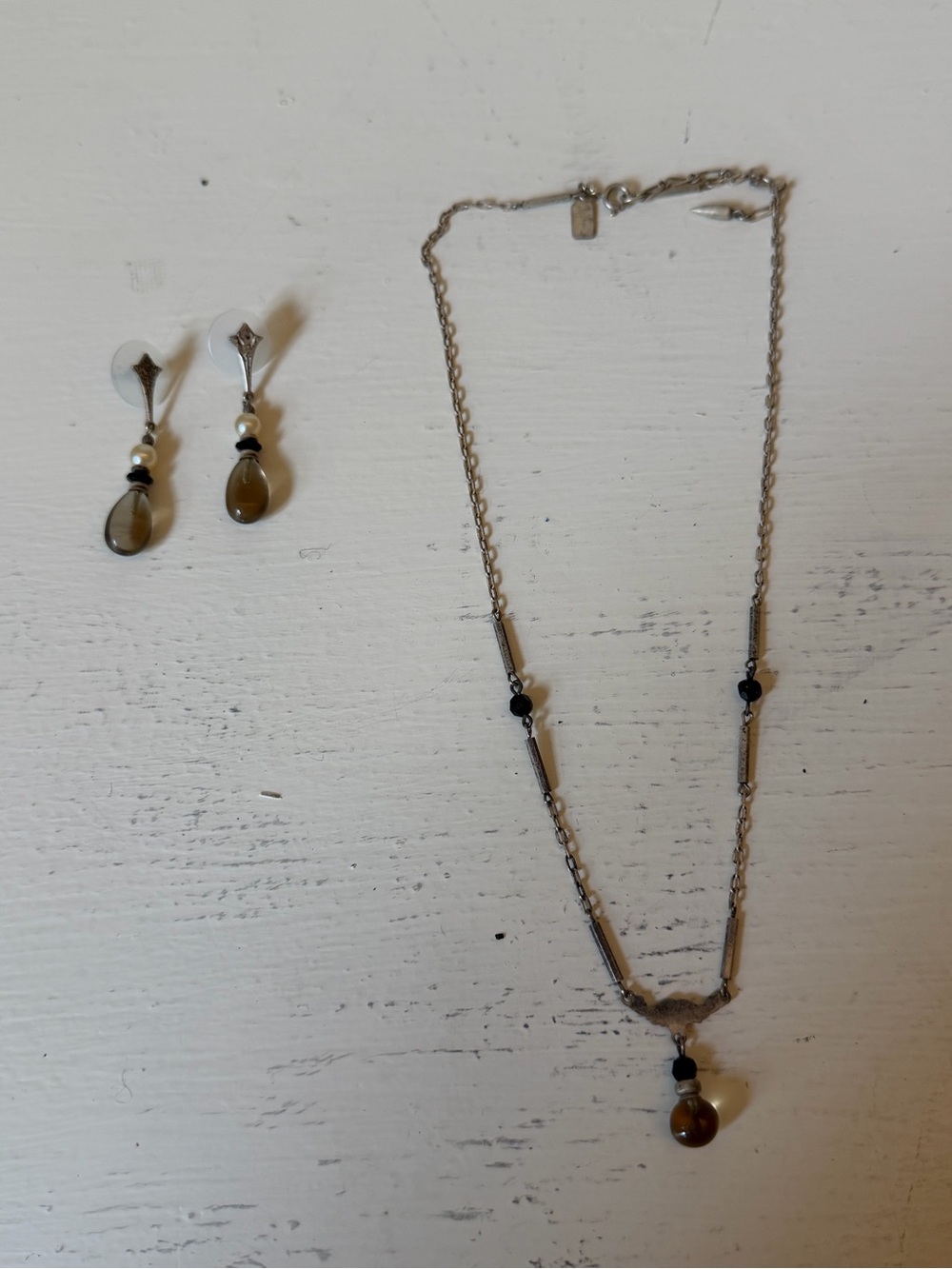 Silver Brown Teardrop Pendant Necklace and Earrings Set